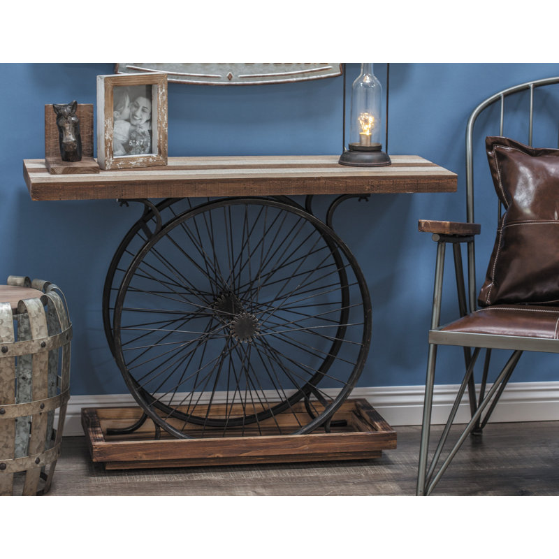Industrial Brown Wood and Metal Wheel Console Table with Storage