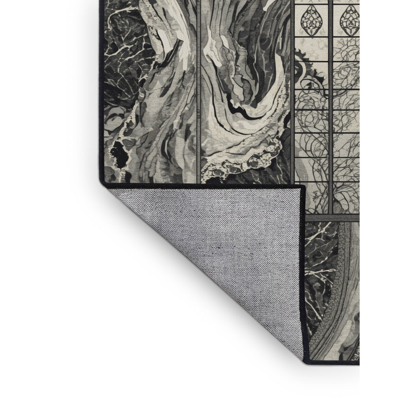 Tapis orné de marbre Glam lavable à la machine en noir - reliure noire, 6 X 9