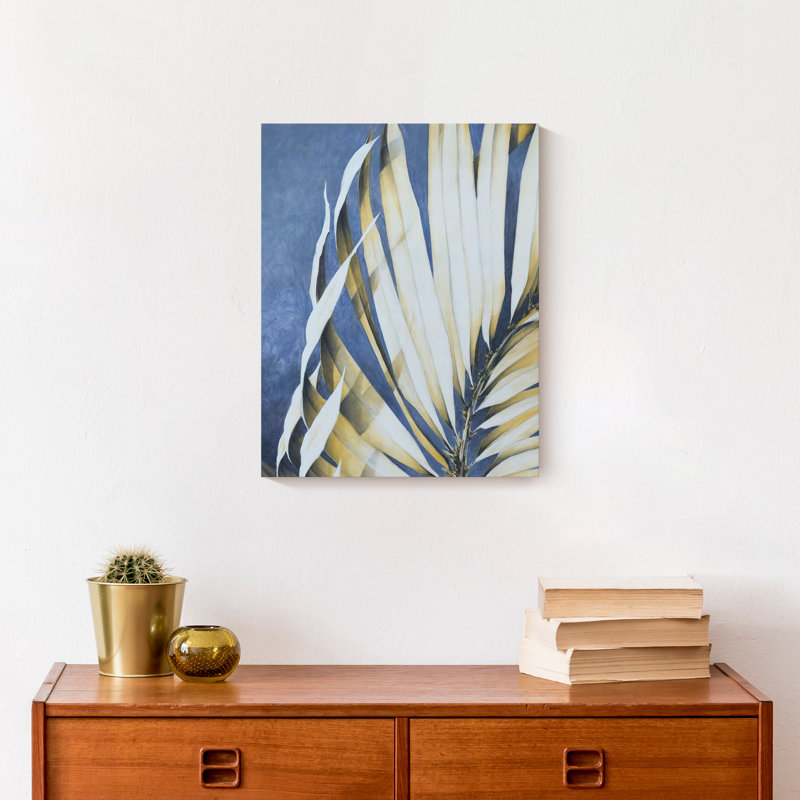 Feuilles de palmier sur fond bleu sur toile, H 14 po x l 11 po x P 1,25 po
