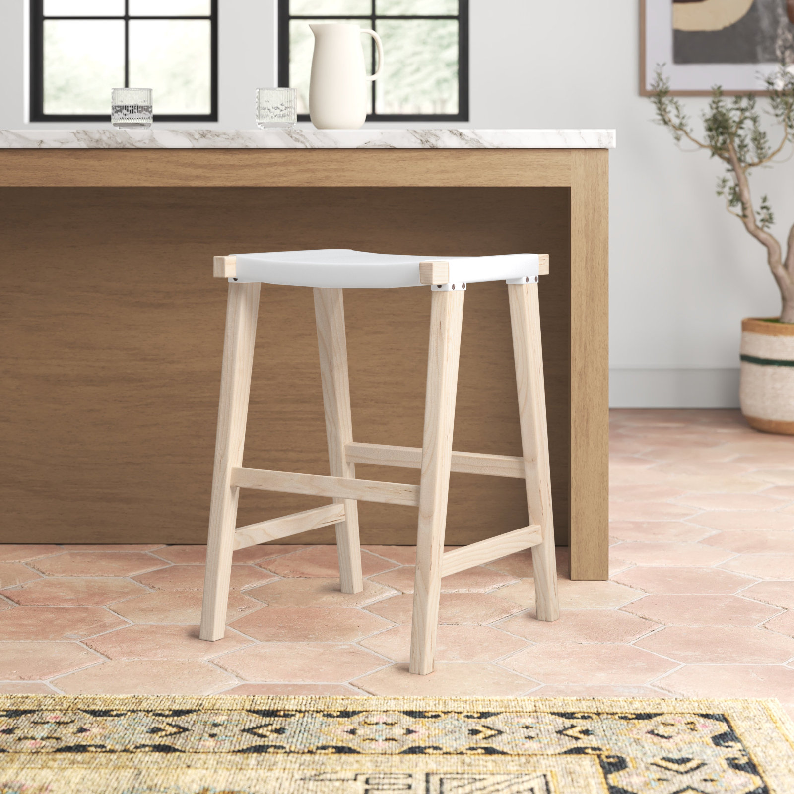 Kellan Genuine Leather Bar & Counter Stool, Counter Stool (26.8” Seat Height), White Genuine Leather