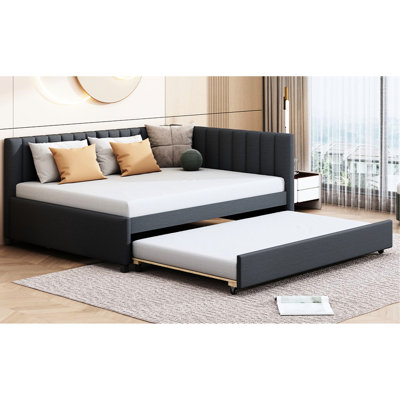 Lit de jour rembourré en lin gris avec lit gigogne, structure de lit stable, pas de sommier tapissier de taille classique, non nécessaire, style classique pour plus de fiabilité et peu d'espace