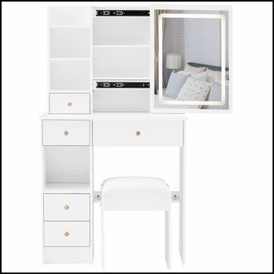 Petit meuble-lavabo de 29,2 po avec tabouret de bureau et tabouret rembourré à gauche 29,5 po, grande commande tactile, interrupteur tricolore, miroir à luminosité réglable, rangement à grande capacité, convient aux petits espaces