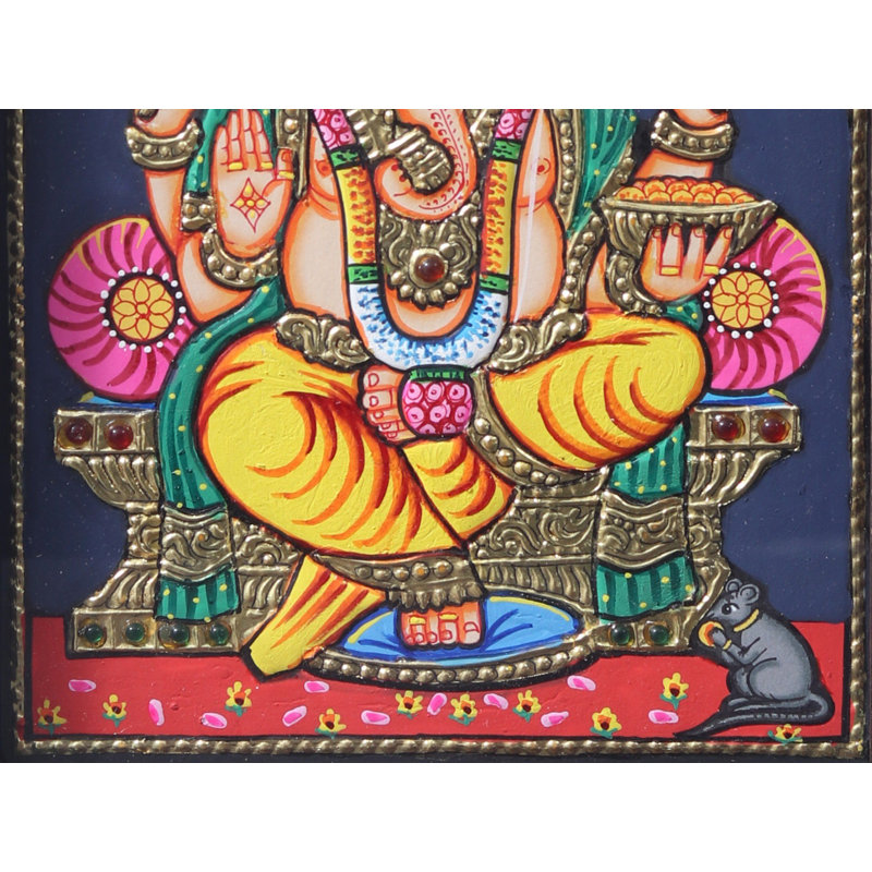 Chaturbhuja, seigneur Ganesha assis sur un trône | Peinture de Tanjore avec cadre en bois de teck