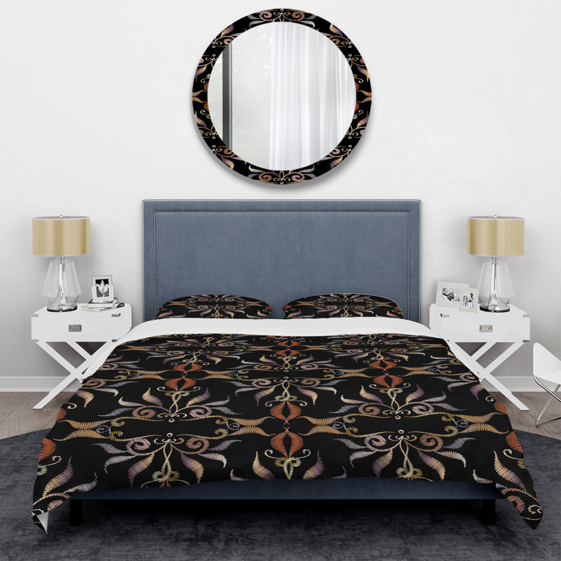 Ensemble de housse de couette en microfibre noir / brun / mauve 3 pièces, Housse de couette pour grand lit et 2 taies décor