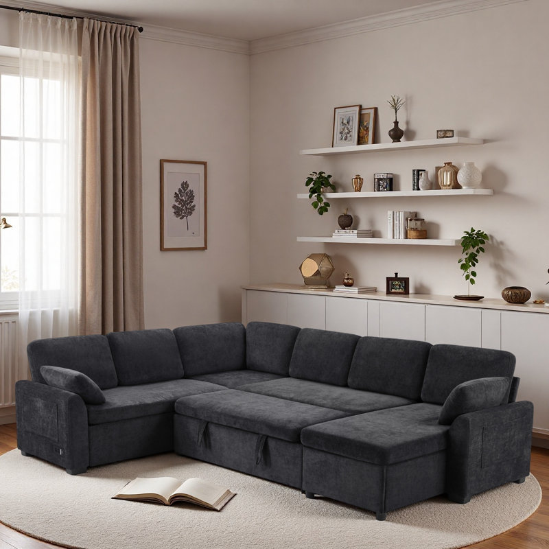 Canapé-lit modulaire convertible avec méridienne réversible, poches de rangement et dispositifs de chargement, Chenille noir