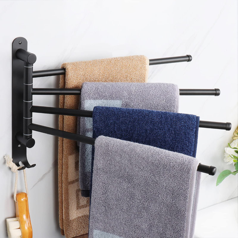 Porte-serviettes rotatif 13,8 po à 4 barres, porte-serviettes mural en acier inoxydable SUS304 épaissi avec crochets, Noir