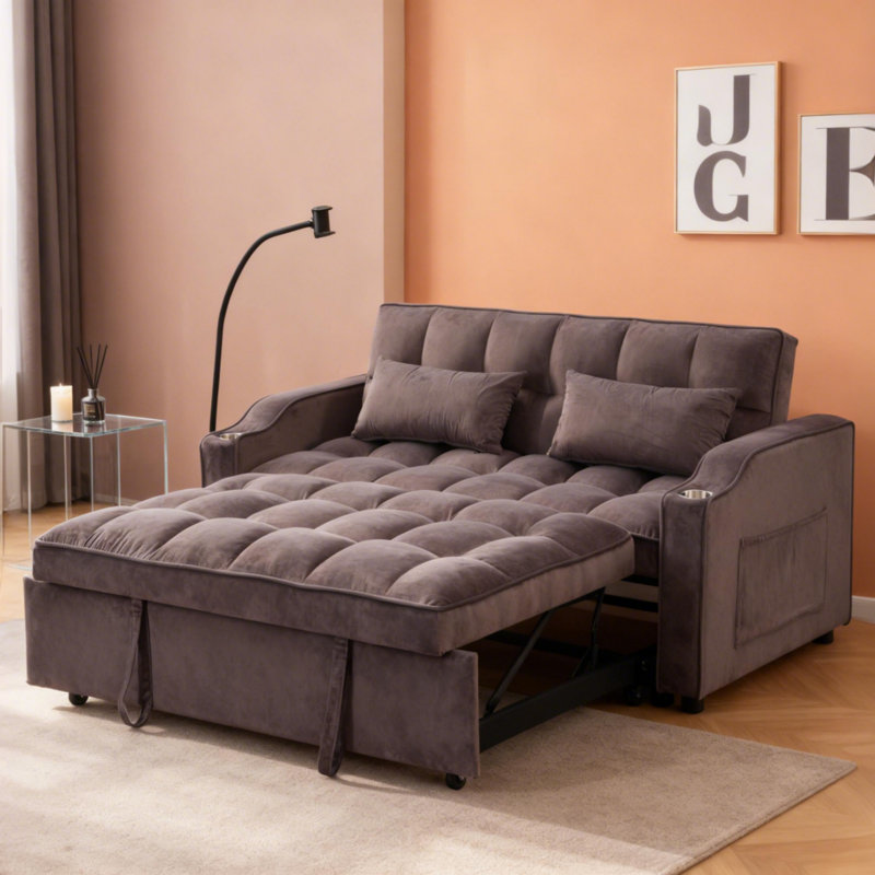Canapé-lit futon moderne en velours avec lit escamotable, canapé-lit convertible 3 en 1 avec dossier réglable, coussins décoratifs, poches latérales et ports USB pour le salon ou le bureau