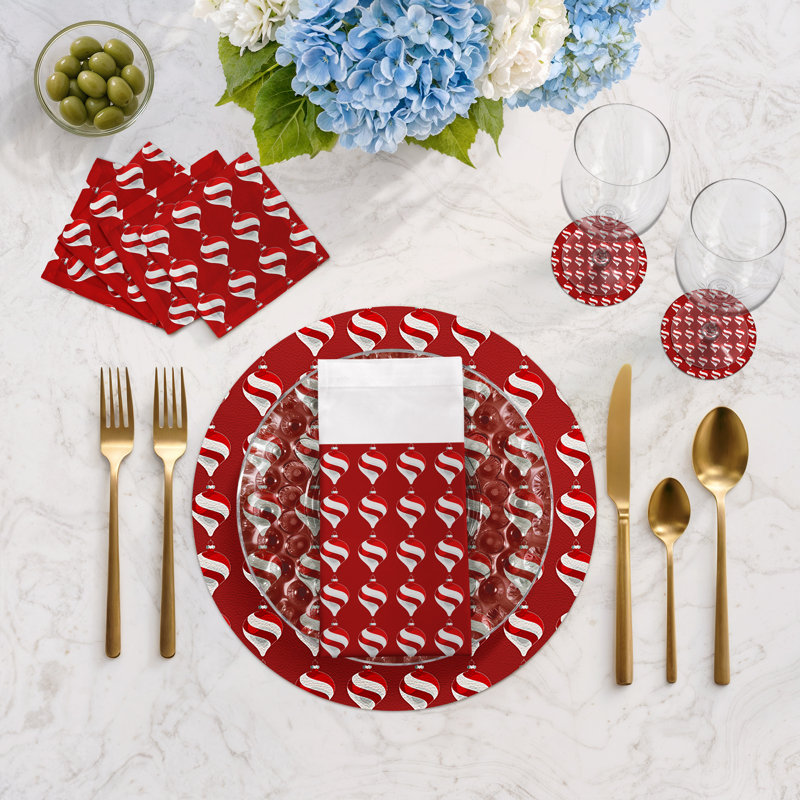 Xmas Ornament Vegan Leather Round Pebble Placemat, Red