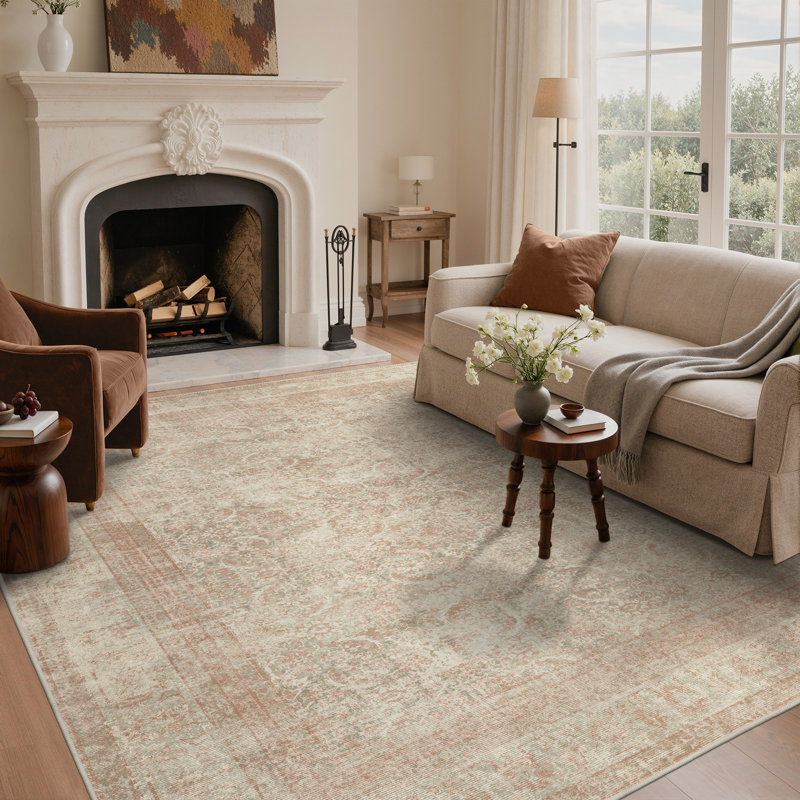 Tapis oriental rose / gris / beige avec envers antidérapant, Rectangulaire 8 pi x 10 pi