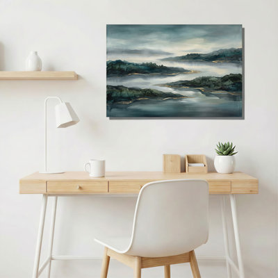 «Teal and Gold Abstract Misty Mountain Landscape», art mural sur toile