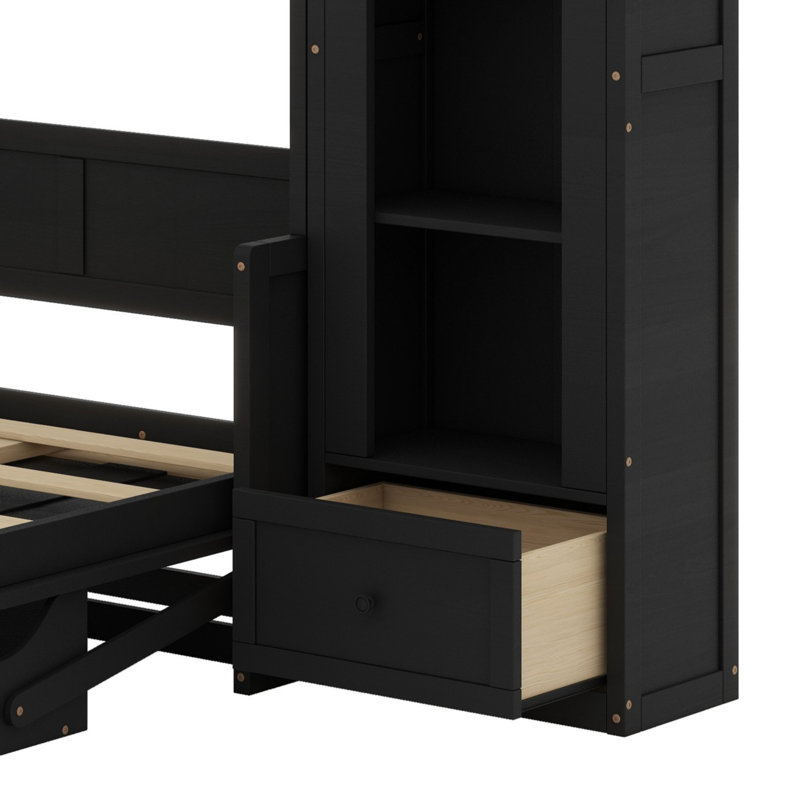 Grand lit plateforme escamotable avec tablette, armoires latérales, tiroirs et DEL, Noir