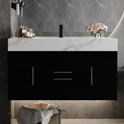 39.4" Bathroom Vanity With Sink, Waterproof Cabinet, Scratch- Countertop, Seamless Ceramic Basin, Quiet Soft-close Drawers, Compact Size Multi-layer Solid Wood Plywood Undermount Spacious Storage,