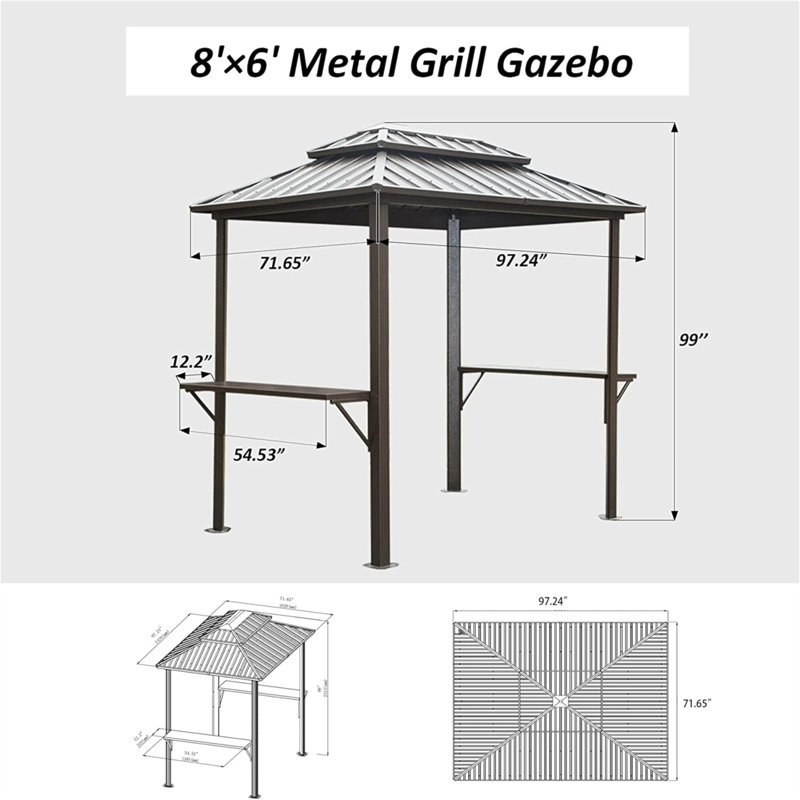Grill Gazebo 8' × 6', Aluminum BBQ Gazebo Outdoor Metal Frame With Shelves Serving Tables, Permanent Double Roof Hard Top Gazebos For Patio Lawn Deck Backyard And Garden