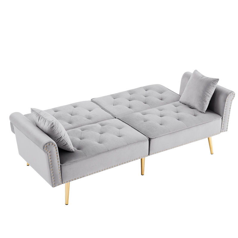 Canapé contemporain en velours gris avec rembourrage confortable et pieds de lit en métal avec revêtement doux