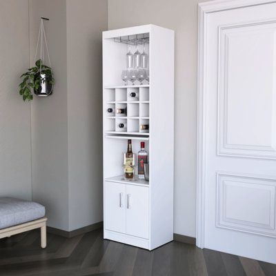 White Bar Cabinet For Essentials - 15 Shelves, 2 Doors, 13.3 Inches Deep, Engineered Wood With Spacious Wine Area Wood, Modern Style