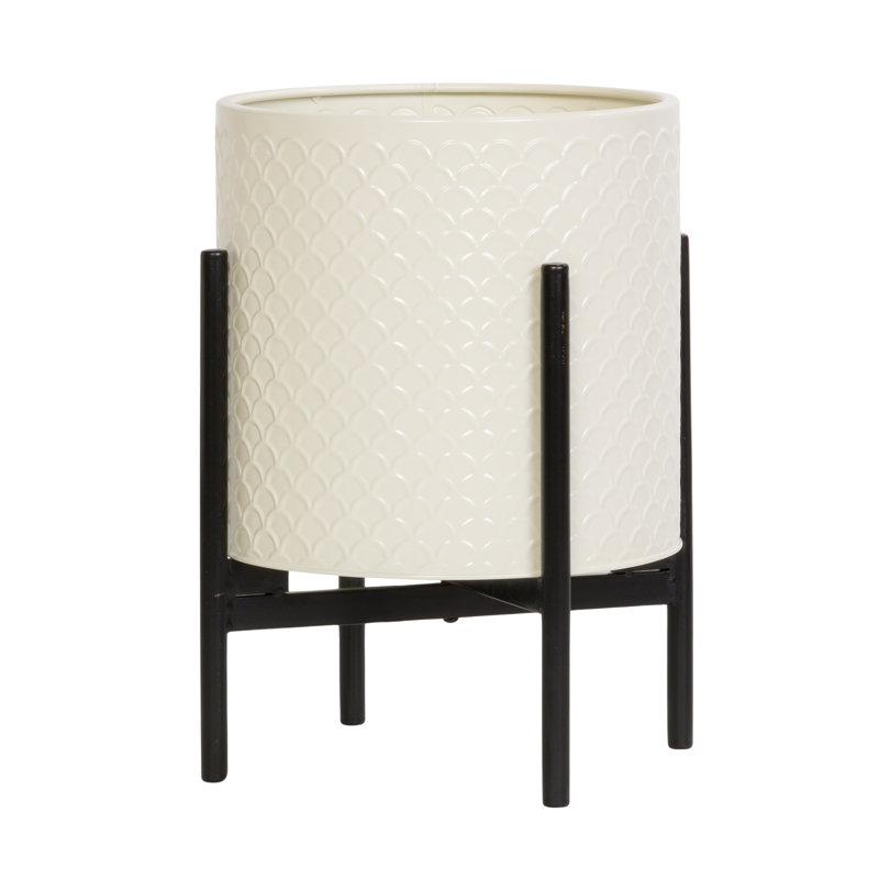 White Ceramic Planter with Black Metal Base, 14.75"