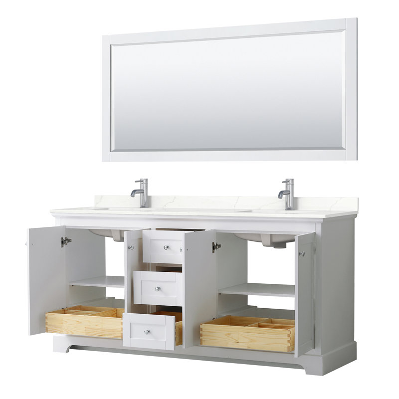 Avery Double Bathroom Vanity with Quartz Top, Giotto Quartz, Brushed Gold 2, Dark Blue 2