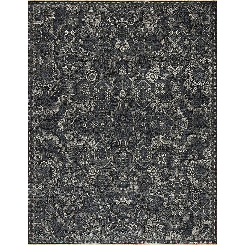 Queens Hand Knotted Wool Area Rug in Midnight/Ivory/Gray, Sample 2' x 3'