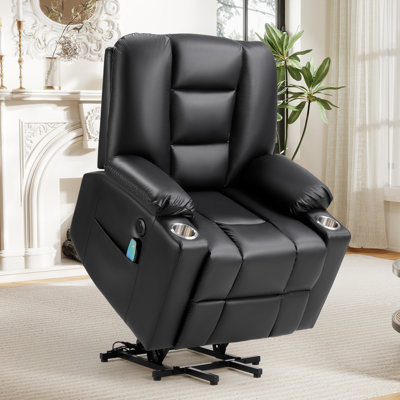 Fauteuil inclinable électrique en cuir synthétique 35,6 po pour personnes âgées avec massage, chaleur, port USB, 2 porte-gobelets et poche latérale
