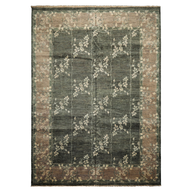 Tapis botanique en laine noué à la main 9 pi 12 po 6 po Celadon Peshawar
