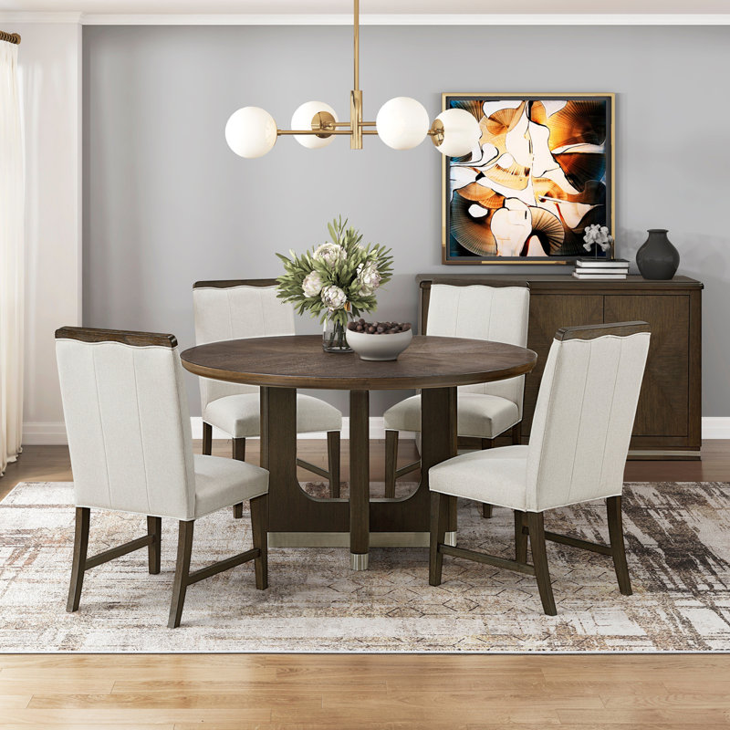 Ensemble de salle à manger à finition brune moderne 5 pièces Table ronde et 4 chaises d'appoint Beige rembourré Confortable Durable