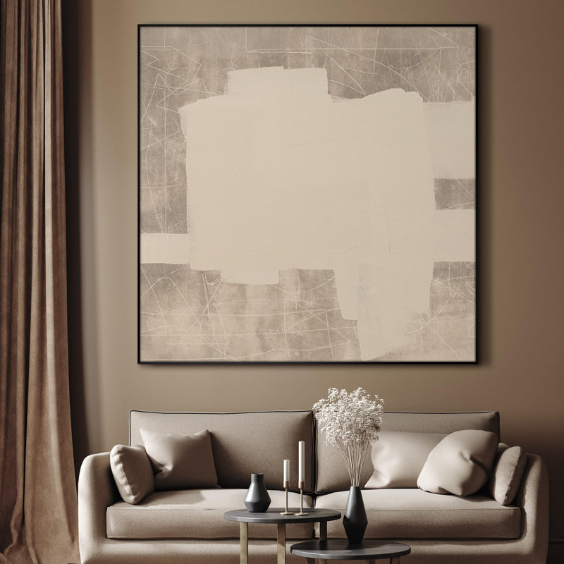 Extra Large Wall Art Fabric Print - Minimalist Beige Artwork Decor for Living Room or Bedroom - "Frame Assembly Required (Unfinished Frame)"