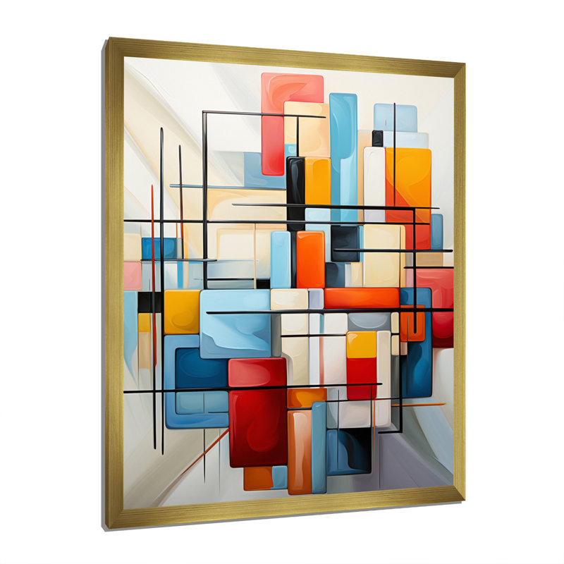 «Geometric Abstraction Composition III», art mural encadré abstrait géométrique, Encadrement doré, H 32 po x l 16 po x P 1 po