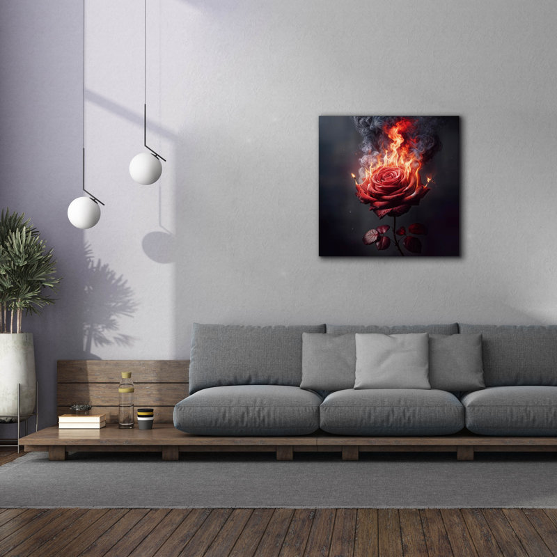 «Red Rose On Fire 1» par Rey Klimt, art mural sur toile, 37" H x 37" W x 1.5" D