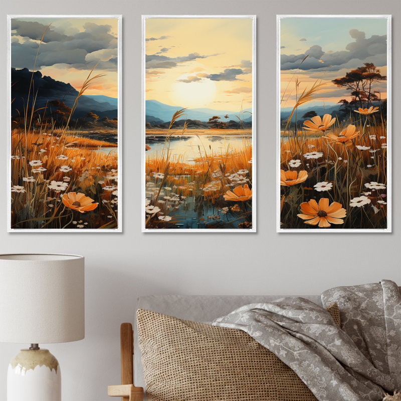 «Meadow Stream At Sunset I», ensemble d'art mural sur toile Meadow, H 40 po x l 60 po x P 1 po, Cadre flottant blanc