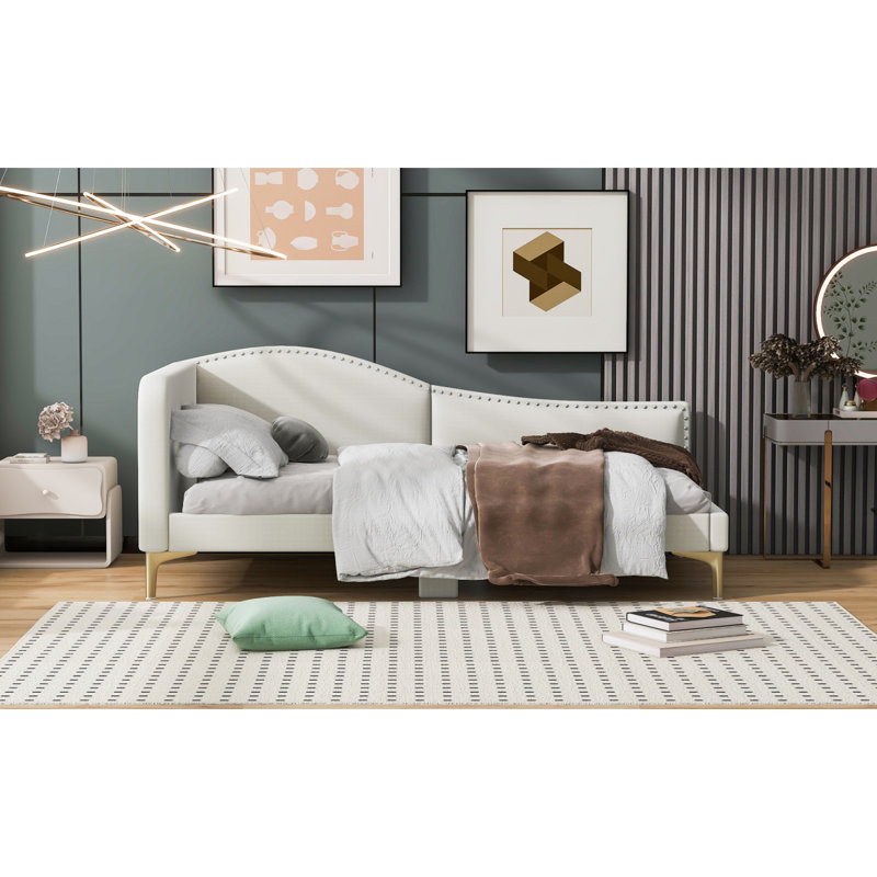 Lit de jour rembourré avec tête de lit et accoudoirs, pieds de soutien, Beige, Simple