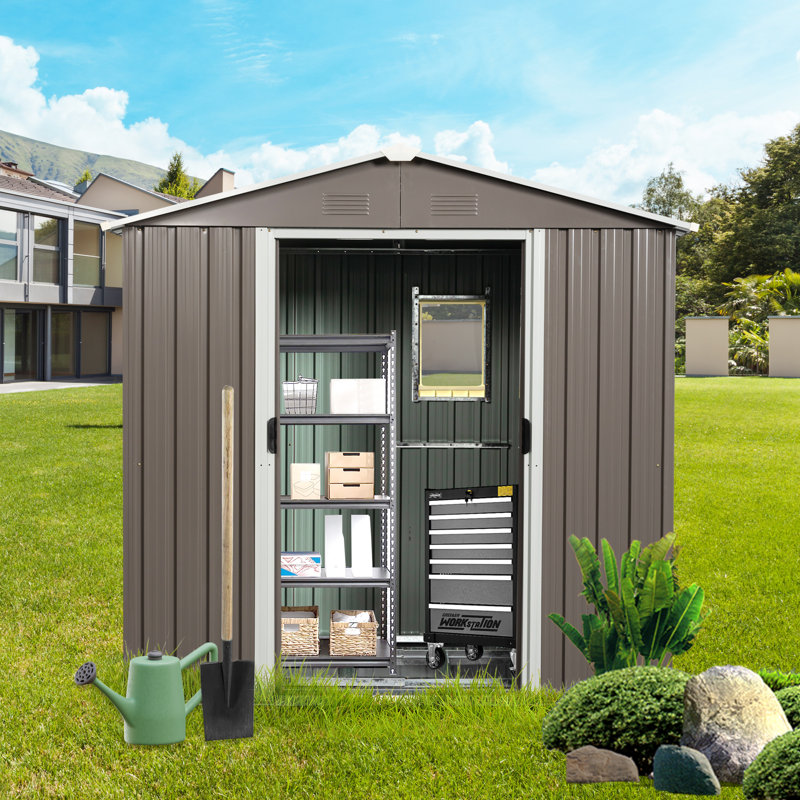 8ft x 4ft Outdoor Metal Storage Shed With window and metal foundation, Gray, 74.8" H x 88.98" W x 46.85" D