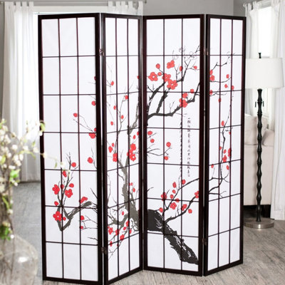 70" Tall Room Divider With Black Finish And Mesmerizing Plum Blossom Silhouettes - Add Privacy Fascination 4 Height Featuring Charming Charm