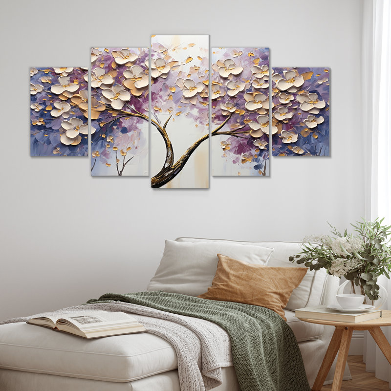 «Tree Blossoming With White Flowers I», ensemble de 5 décorations murales florales, H 32 po x l 60 po