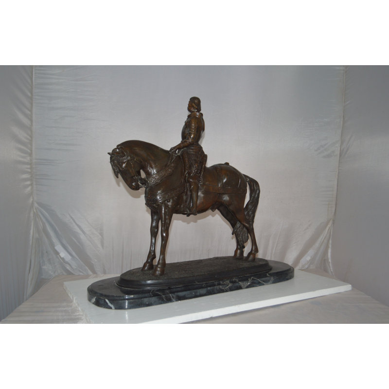 Bronze Man on Horse Statue with Marble Base