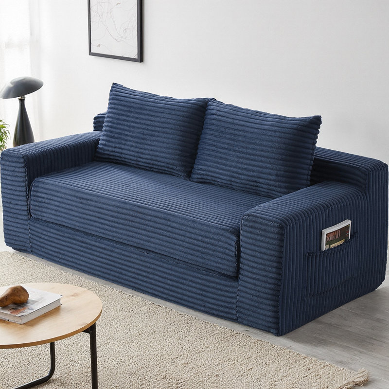 Canapé-lit convertible 2 places avec pochette de rangement, canapé-lit pliant 3D, 32.53" H x 73.02" W x 35.12" D, Bleu