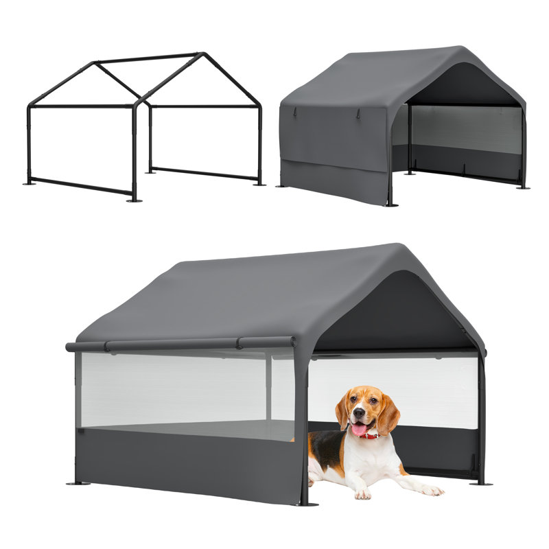 Grande tente extérieure pour animaux avec 3 fenêtres en filet et auvent pour chiens, chats et autres petits animaux de compagnie, gris