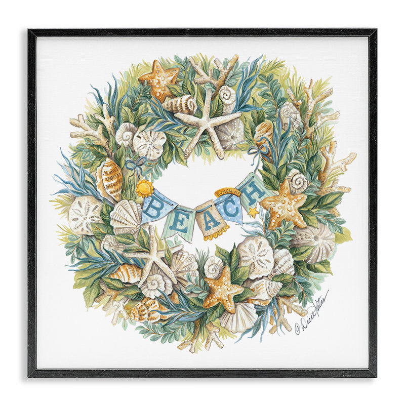 Holiday Beach Seashell Wreathe Nautical Christmas, Giclée encadrée noir minuit, H 17 po x l 17 po