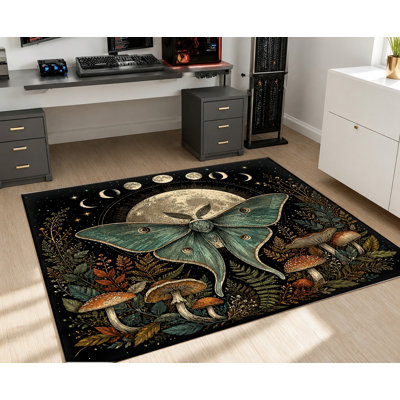 Tapis lavable à la machine à motif de papillons de nuit et de lune mystiques, avec envers antidérapant, motif vintage de champignons botaniques, décoration intérieure confortable pour salon, chambre, dortoir, appartement