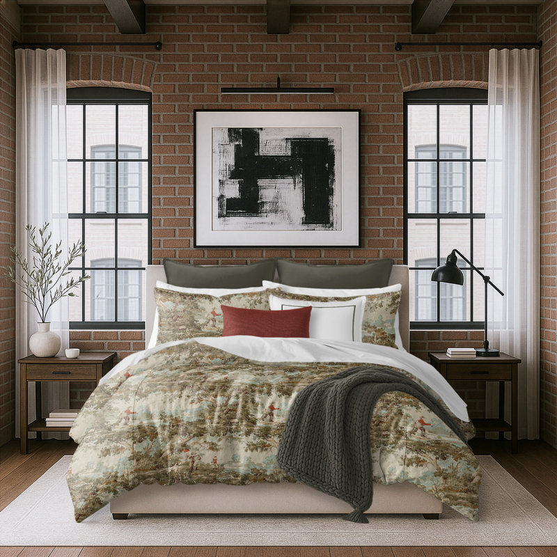 Greenwood Ivory/Red Linen Duvet Cover Set, Twin Duvet + 1 Standard Shams