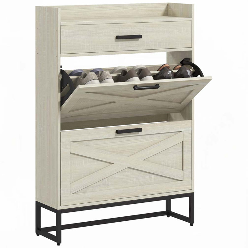 Narrow Shoe Cabinet, Industrial Shoe Storage Cabinet with 2 Flip Drawers, White