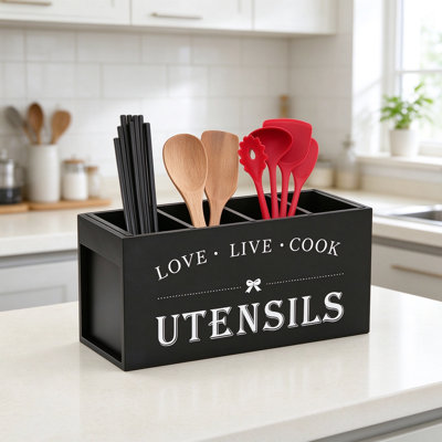 Porte-ustensiles en bois pour comptoir de cuisine avec compartiments, organisateur d'ustensiles de cuisine rustique, très grand porte-cuillère et pot de cuisine, décor de cuisine de ferme