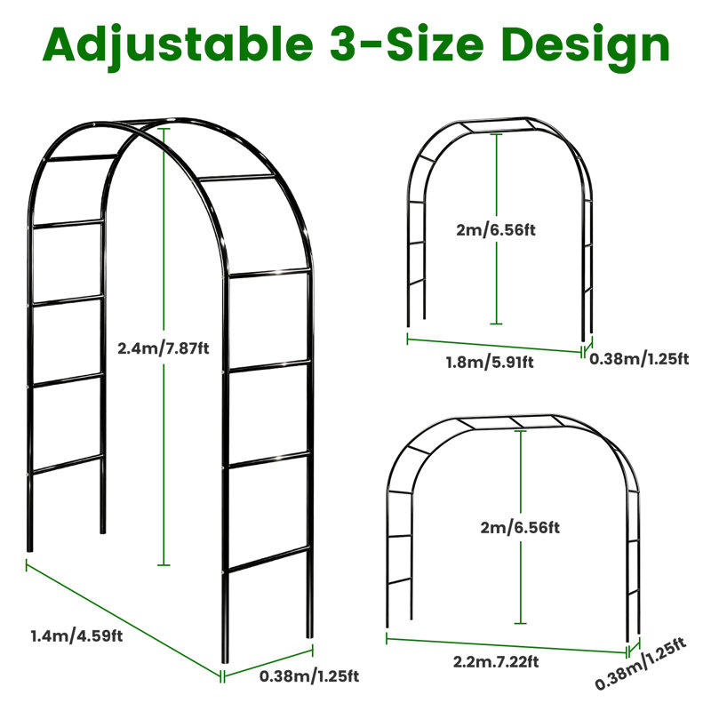 H 7,87 pi H x 4,59 pi réglable treillis arche de jardin en métal, 3 tailles bricolage tonnelle en fer pour les plantes grimpantes, arche de toile de fond de mariage pour la décoration d'entrée de jardin