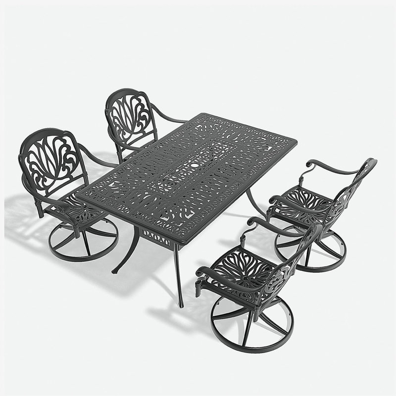 Ensemble de salle à manger 5 pièces en aluminium coulé résistant aux intempéries, comprenant 4 chaises pivotantes et une table rectangulaire avec cadre noir (même SKU: W1710S00451)