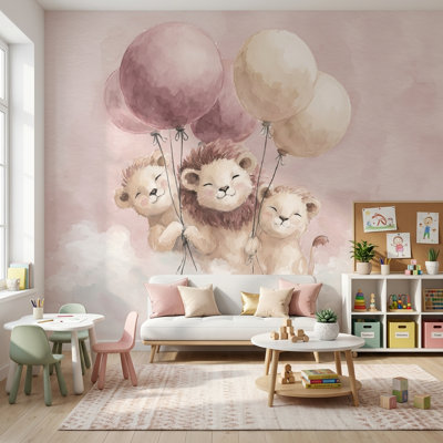 Papier peint Lions Rose Fantaisie Murale