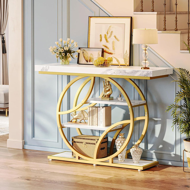 Entryway Console Table With Marble Top – White Marble/Gold