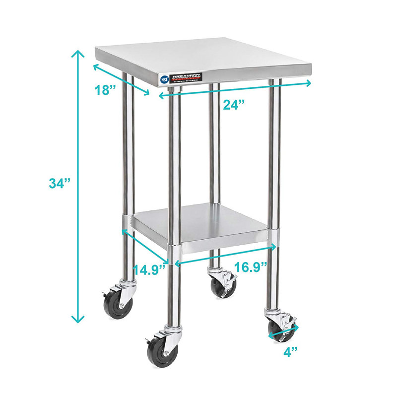 Chariot de table mobile 24 po x 18 po en acier inoxydable avec tablette réglable - Certifié NSF