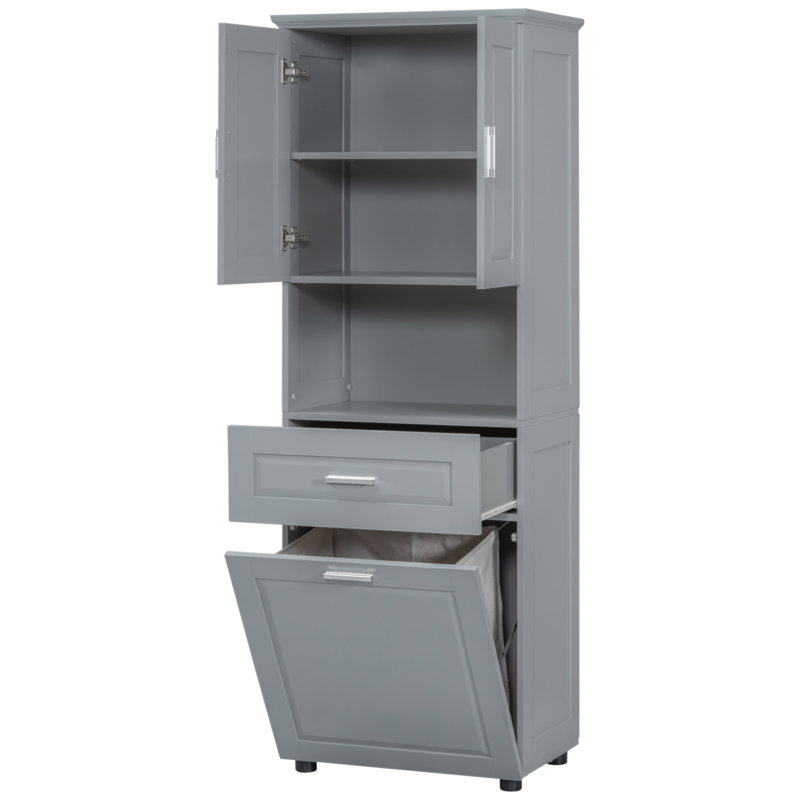 Grande armoire de salle de bain avec panier à linge, grand panier à linge inclinable et armoire de rangement supérieure, tour de rangement en panneau de fibres à densité moyenne autoportante pour salle de bain et salle de lavage