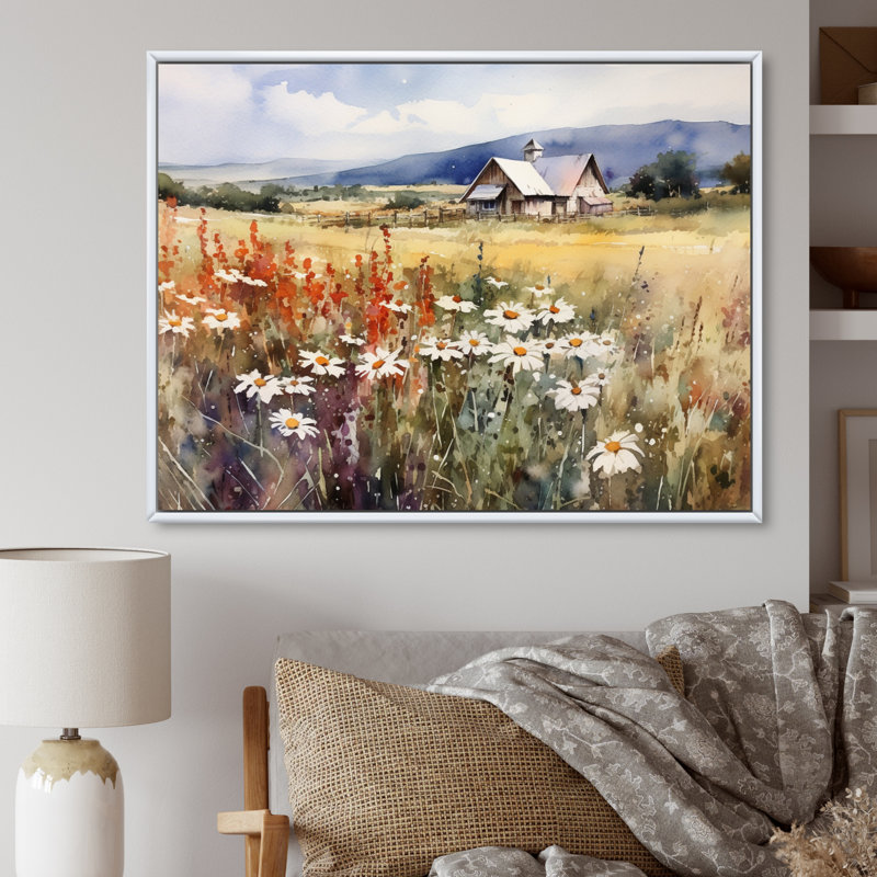 «Green Green Meadow At The Farm I», impressions sur toile florales, H 12 po x l 20 po x P 1 po, Cadre flottant blanc
