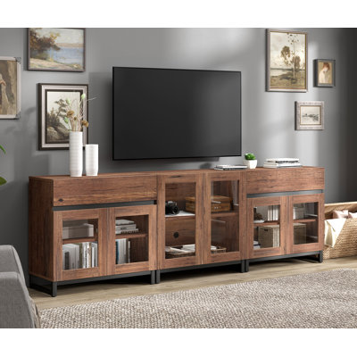 Modern TV Stand For Tvs Up To 100 Inch, 3 In 1 TV Console With Glass Doors And 2 Drawers, Entertainment Centre With Adjustable Shelf For Living Room, Bedroom
