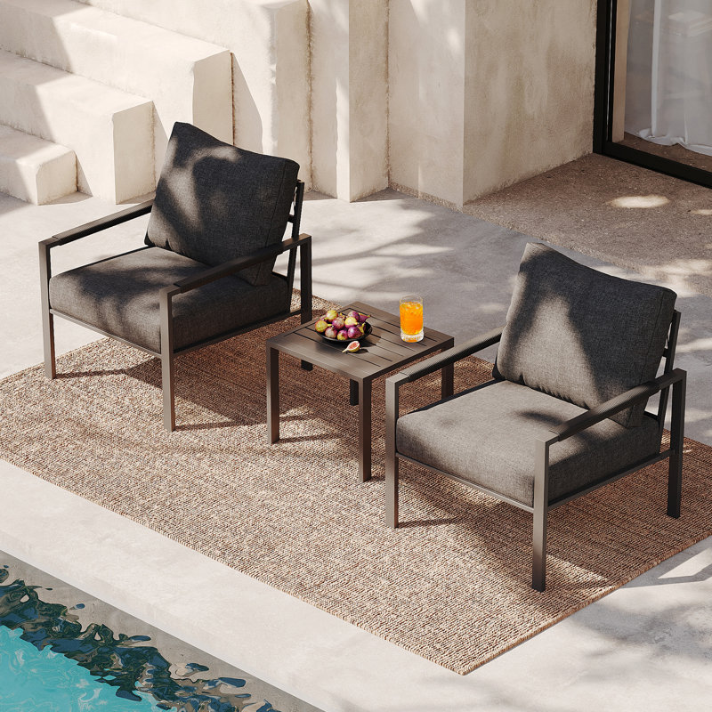  Metal 3 Pieces Patio Set, 2- Person Outdoor Seating Group With Thick Cushions, Coffee Table, Gray